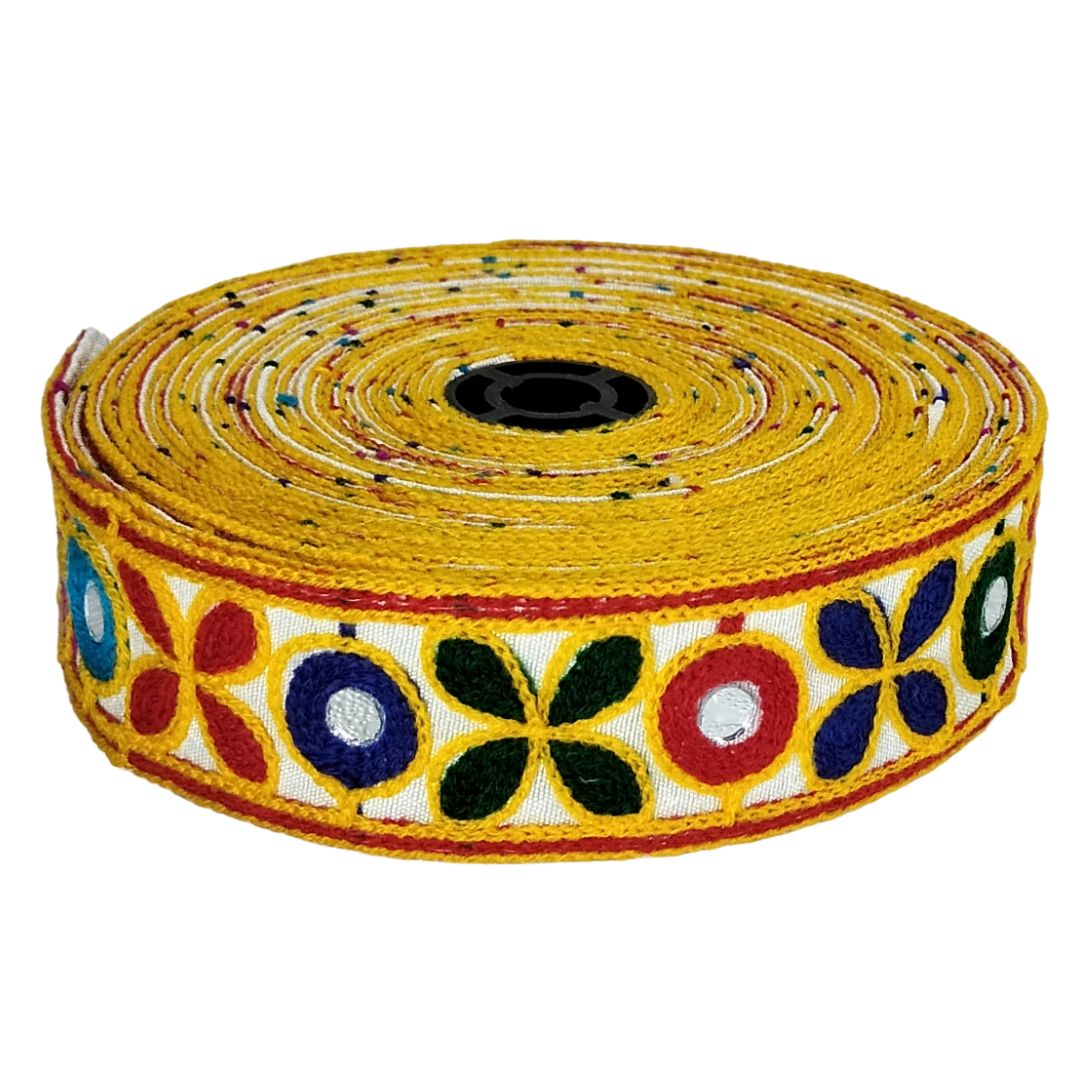 Decorative yellow ribbon with floral patterns on a white background