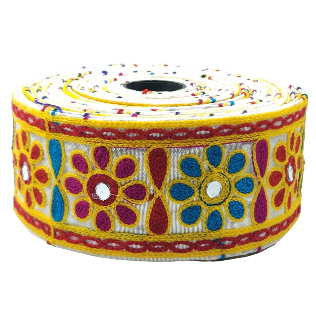 Decorative ribbon with colorful floral patterns on a white background