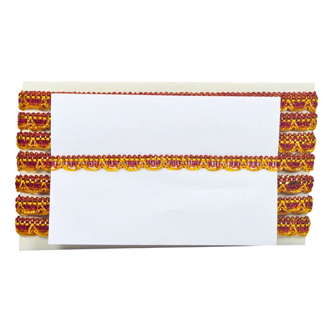 Decorative table runner with red and gold trim on a white background