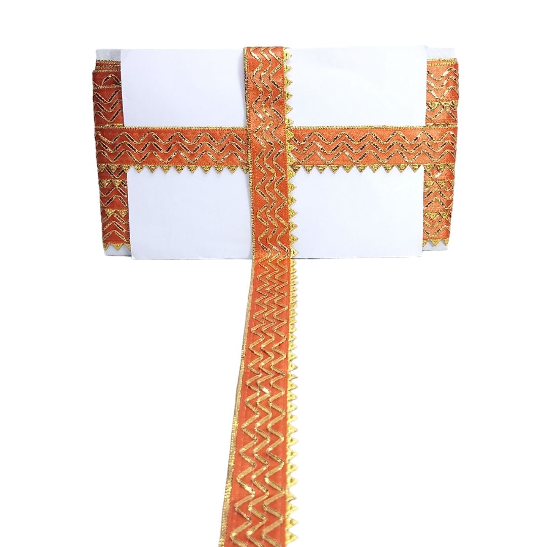 Kurlz 1 inch Satin Silk with Golden Piping, Gota Patti & Golden Samosa Lace For Laddo Gopal Poshak, Handicrafts, Puja Aasan, Singhasan | Size: 9 Yards