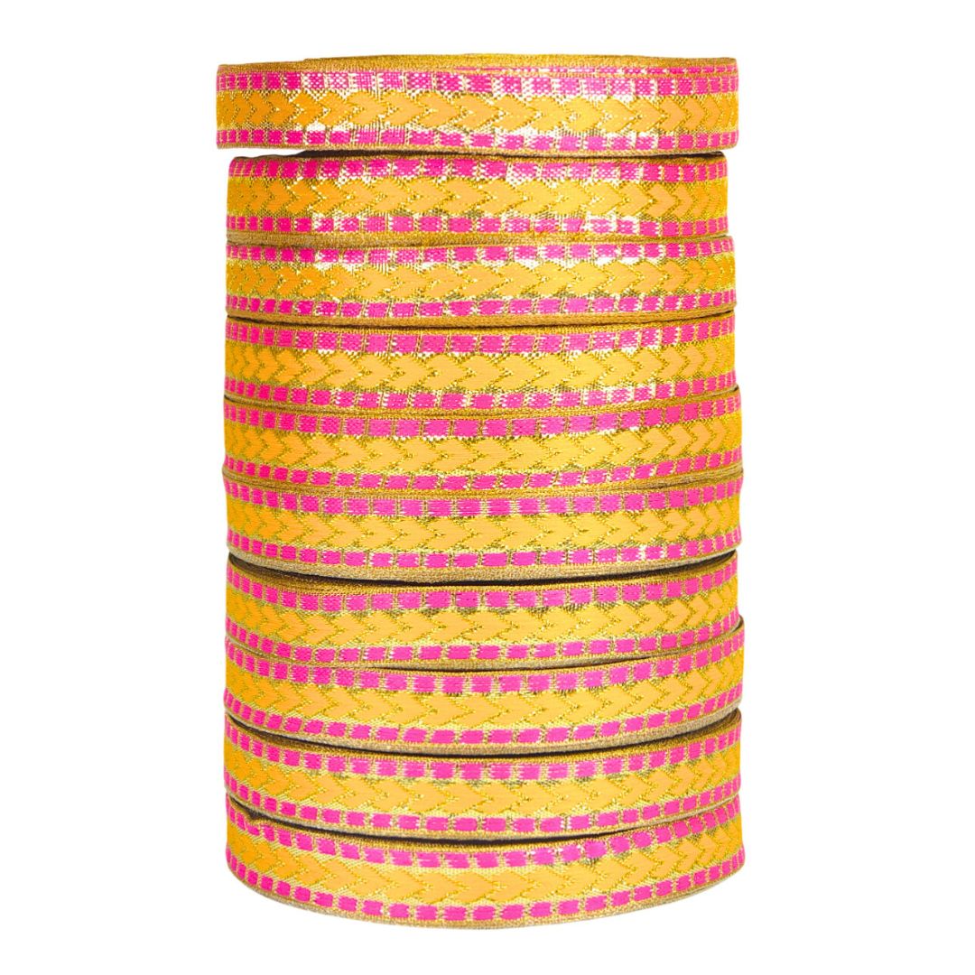 Yellow and pink ribbons with a pattern on a white background