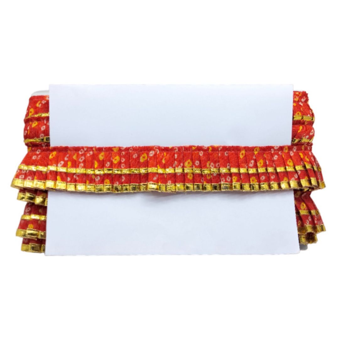 Kurlz 2 Line Bandhej Printed and Golden Gota Patti Exclusive Frill For Lehenga, Dupatta, Art & Craft, Singhasan, Ladoo Gopal Poshak | Size: 9 Yards
