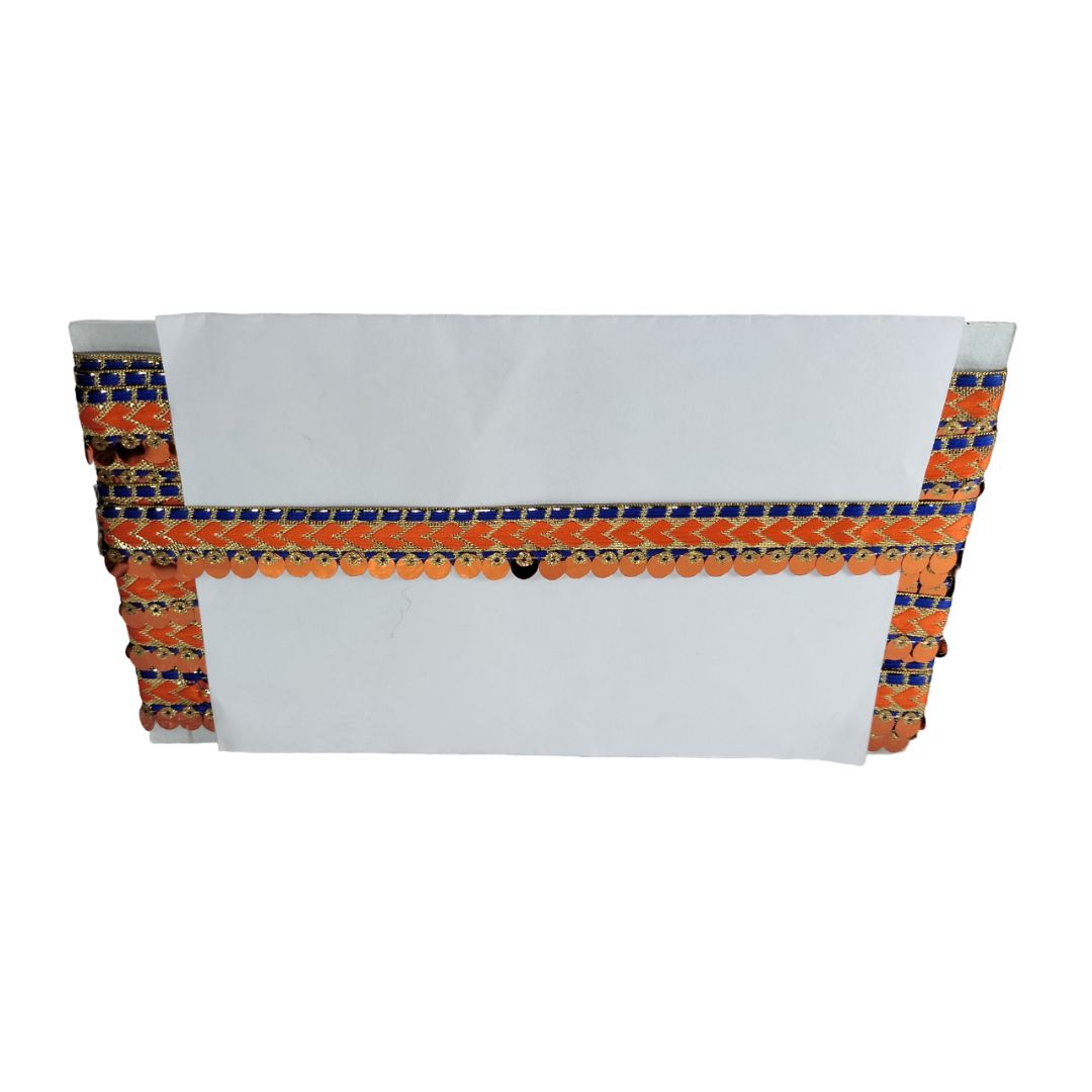 White pouch with orange and blue patterned strap on a white background