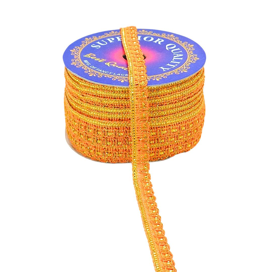 Orange lace ribbon with a blue label on a white background