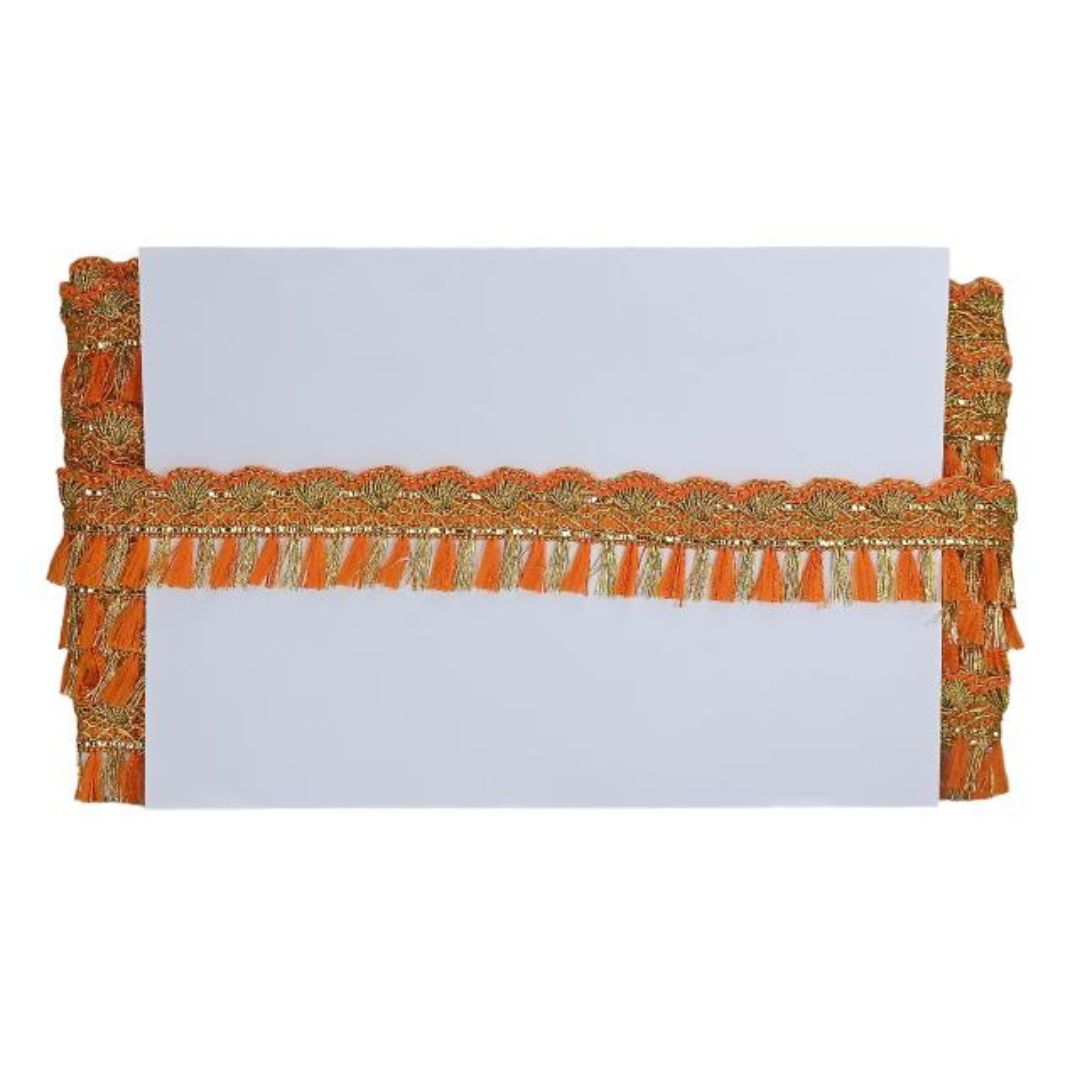 Decorative orange and gold border with tassels on a white background