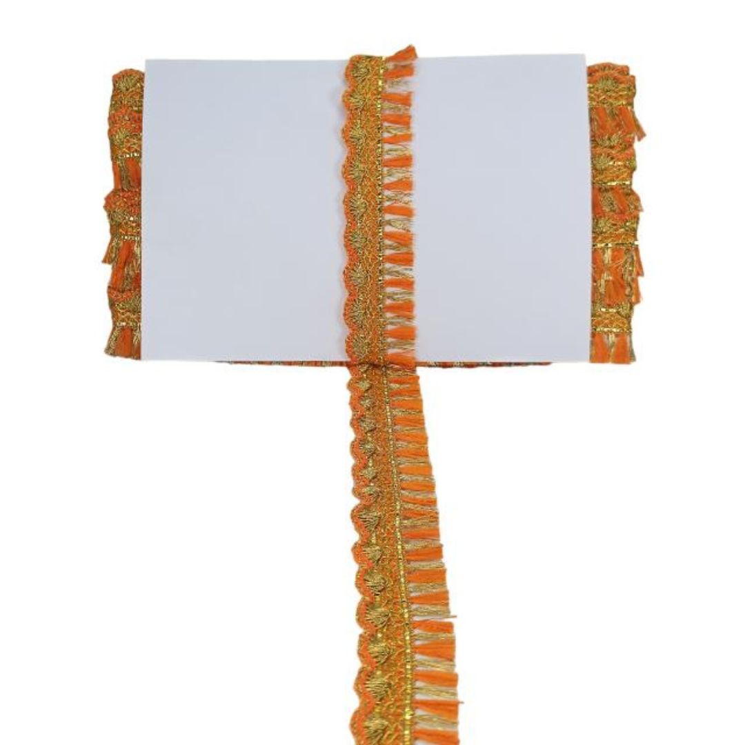 Decorative orange and gold border on a white background