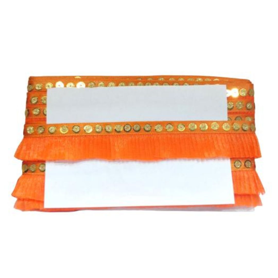 Orange decorative item with gold embellishments on a white background