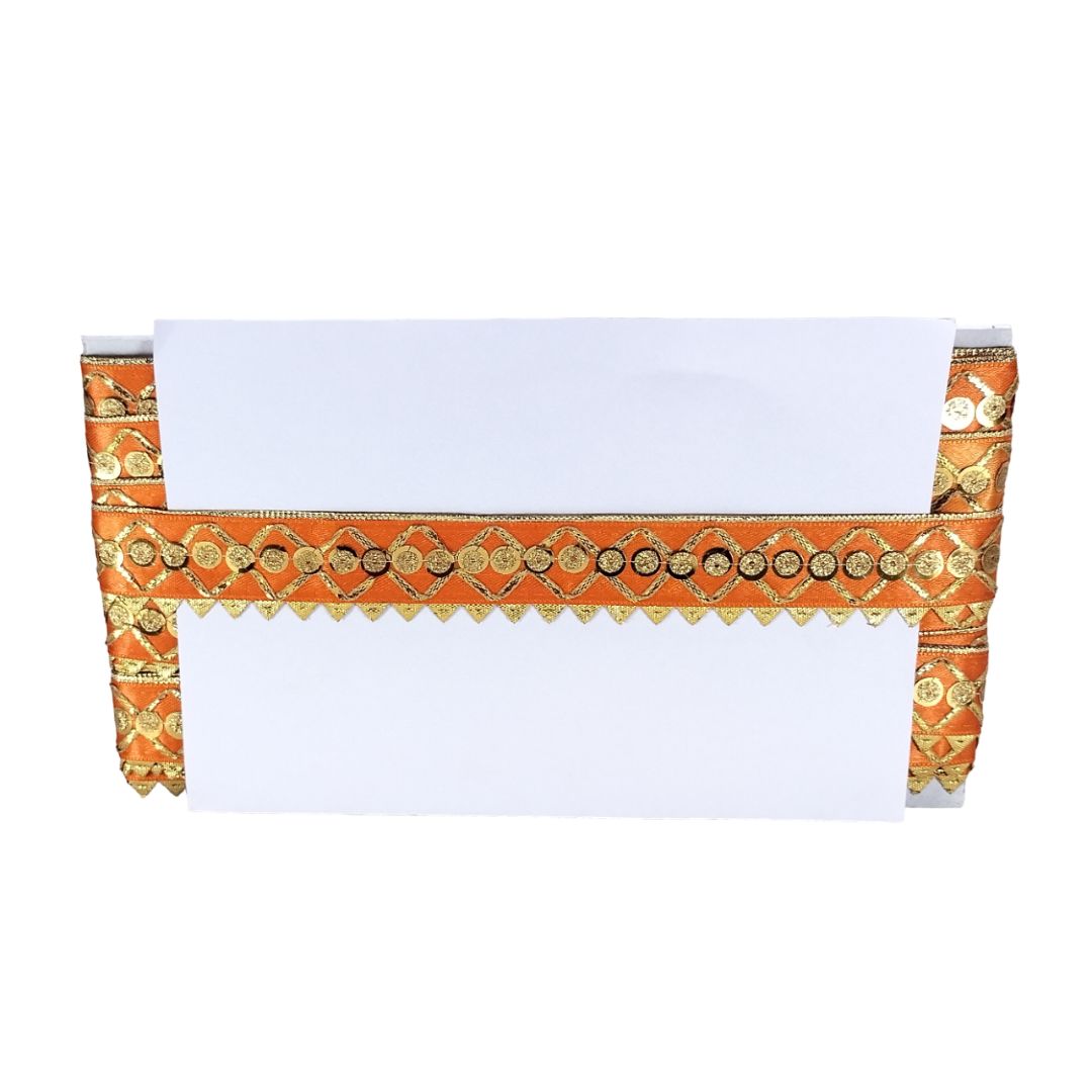 Decorative orange and gold border with white center on a white background