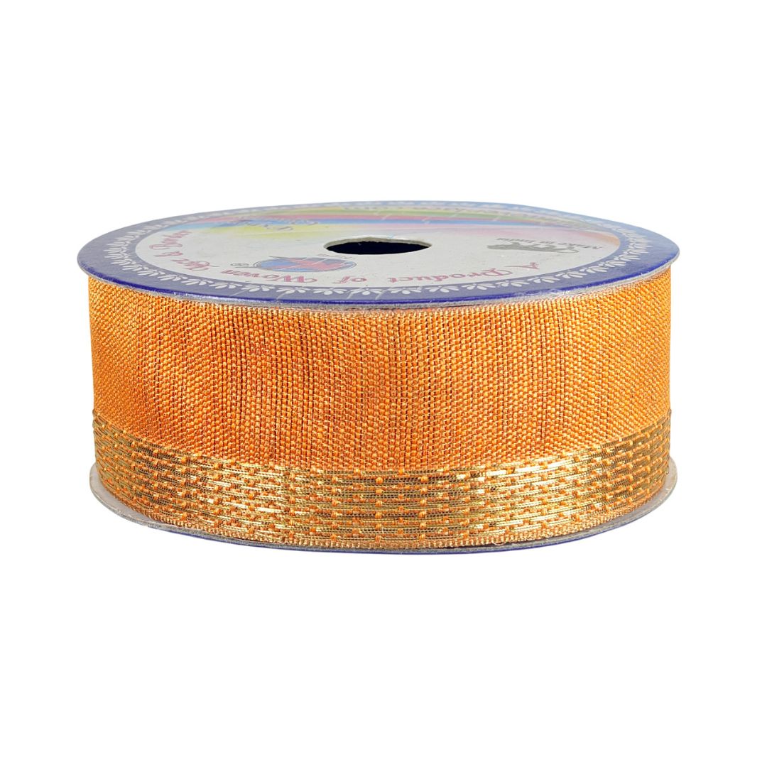 Spool of orange ribbon with gold edge on a white background