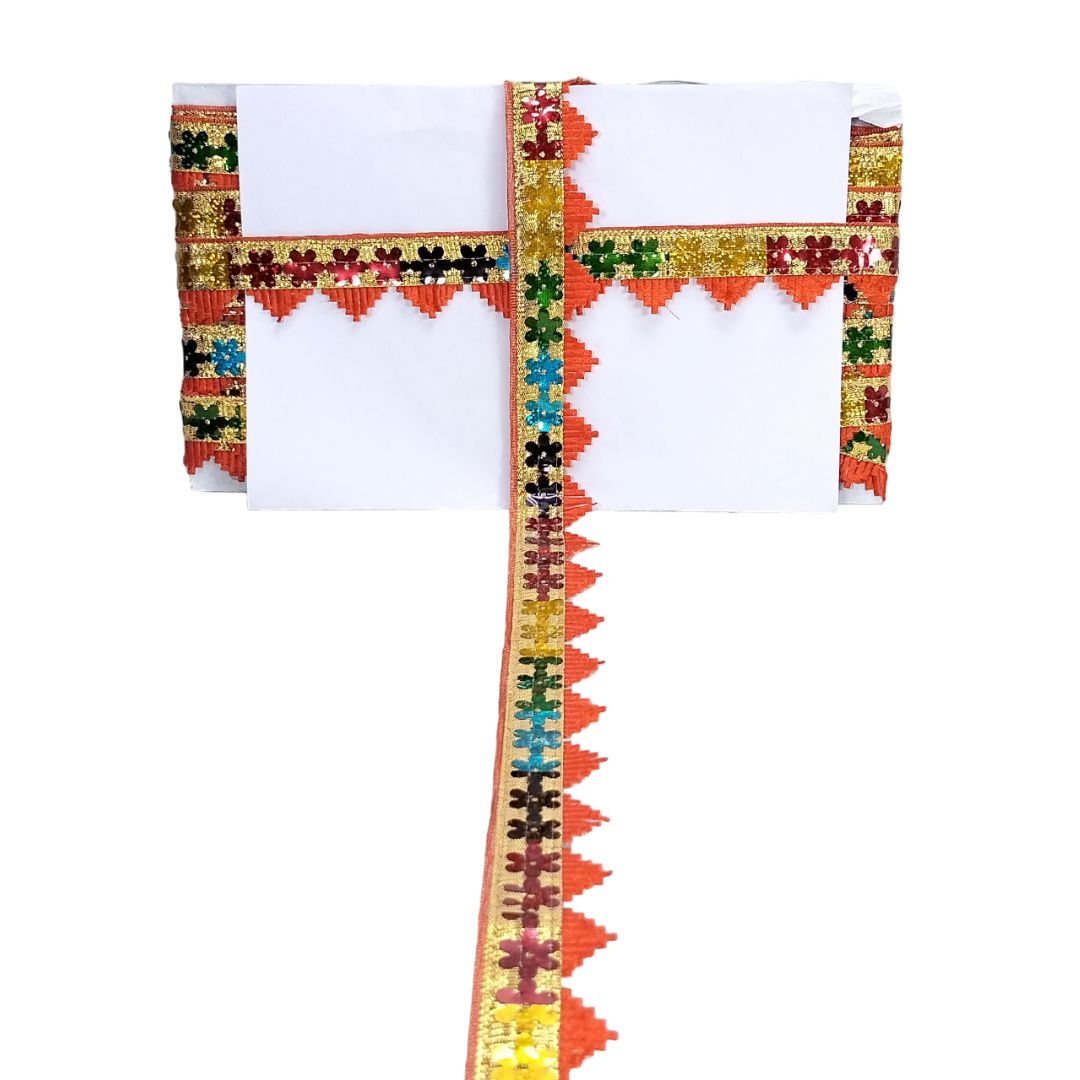 Traditional embroidered fabric with colorful patterns on a white background