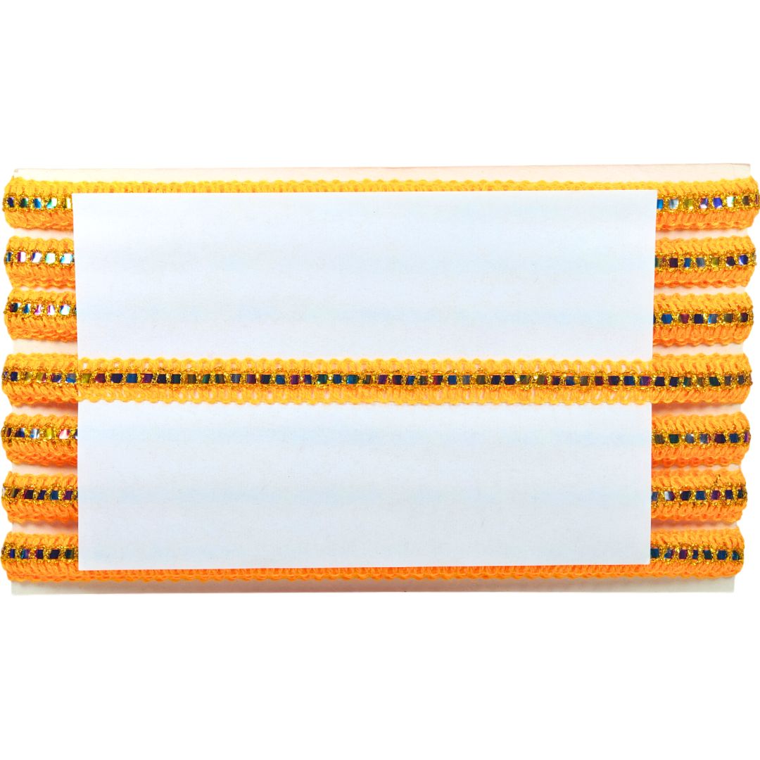 Set of orange name tags with rhinestone accents on a white background