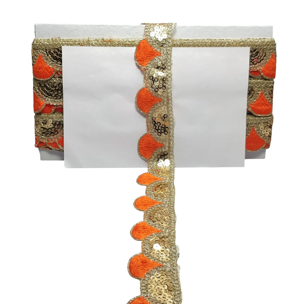 Orange With Golden Sequins Embroidery Lace For Dupatta Saree And Dress Decoration Only At Woven Lace & Border Reatilers and Manufactures In Surat