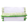 White clutch with green polka dot ruffles on a white background
