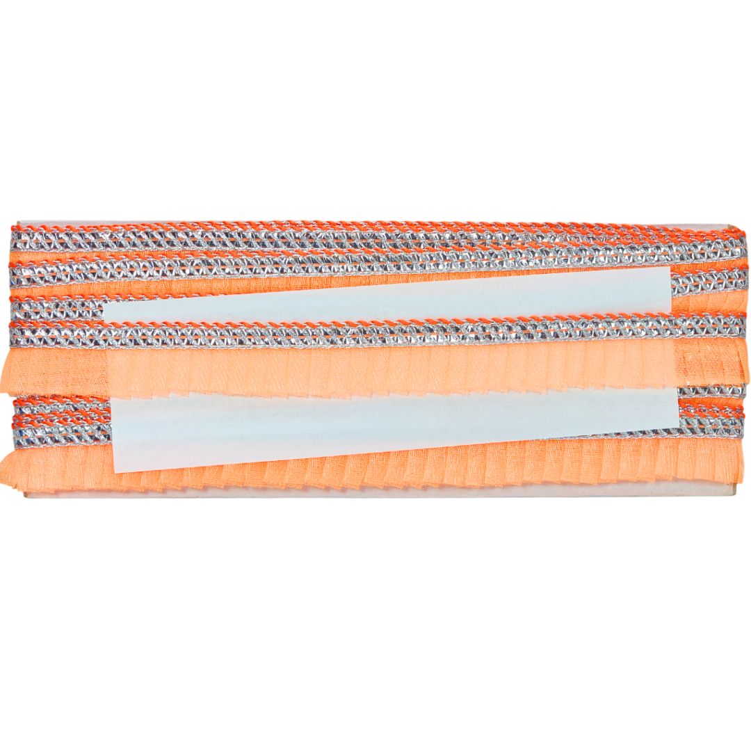 Multicolored headband with orange, white, and gray stripes on a white background