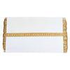 White clutch with gold decorative trim on a white background