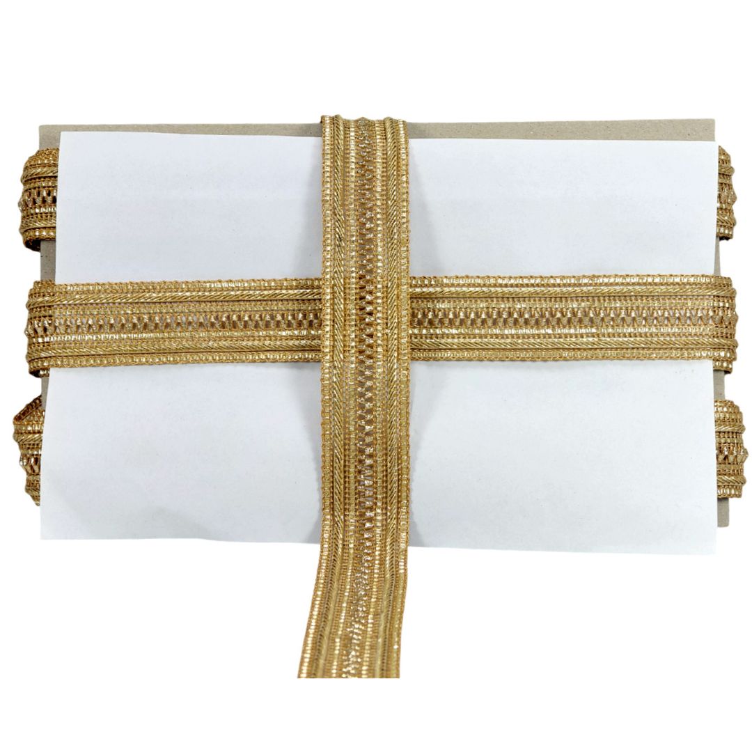 White box wrapped with gold ribbon on a white background