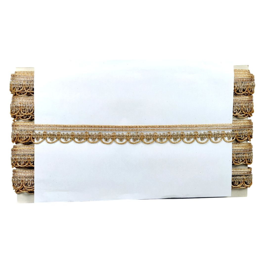 White tablecloth with gold decorative trim on a white background