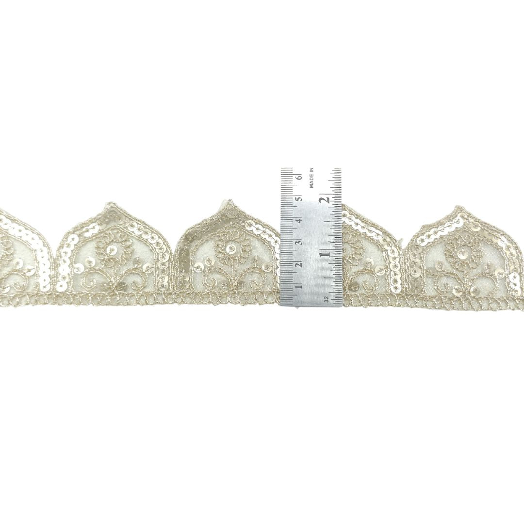Lace trim with a ruler for scale on a white background