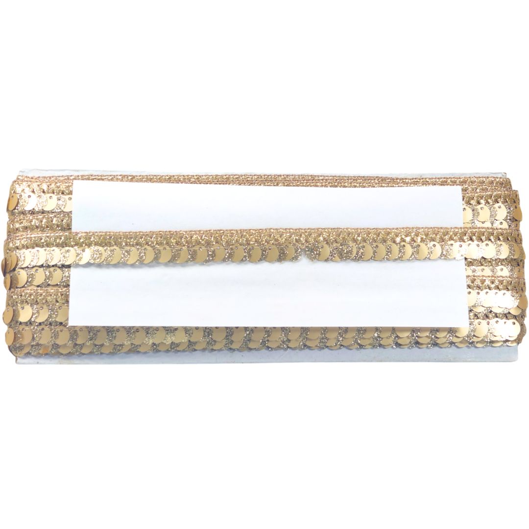 Gold clutch with sequin detailing on a white background