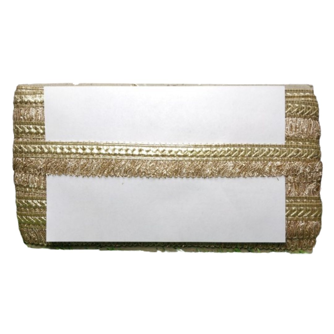 Gold clutch with white interior on a white background