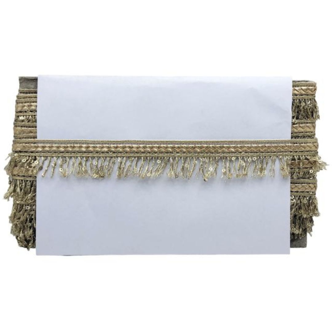 White clutch bag with gold fringe on a white background