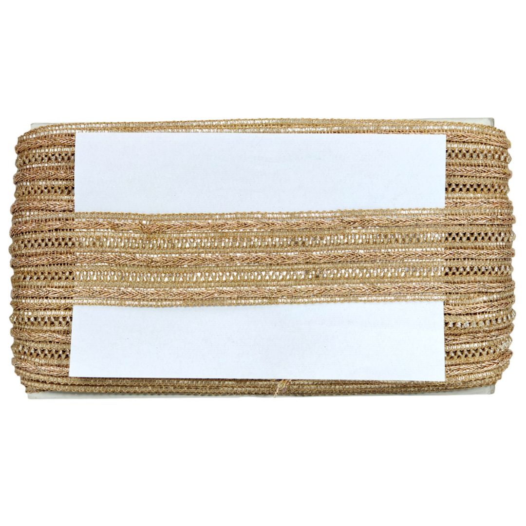 Gold braided cord with white labels on a white background
