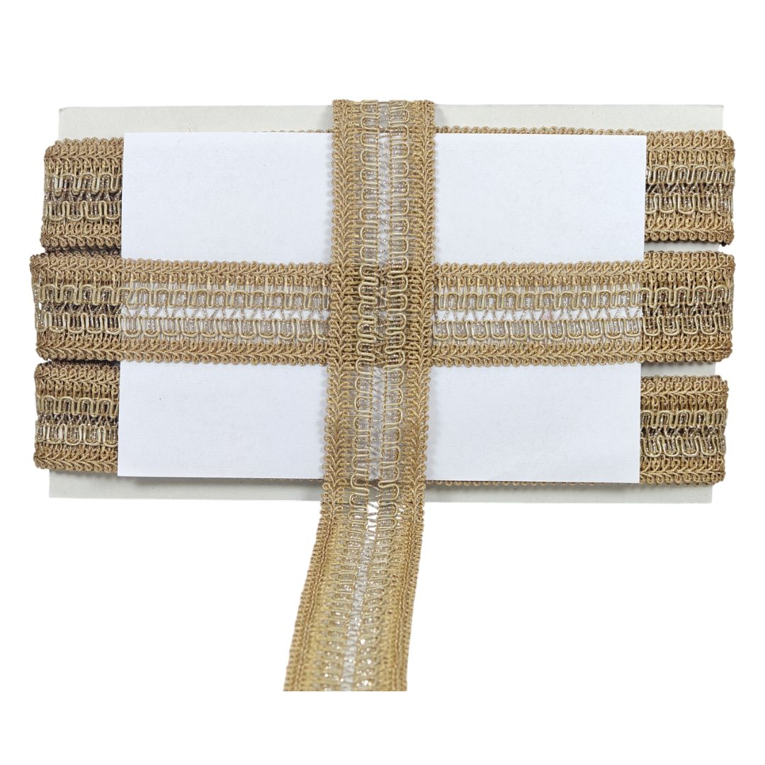 White card with gold woven border on a white background