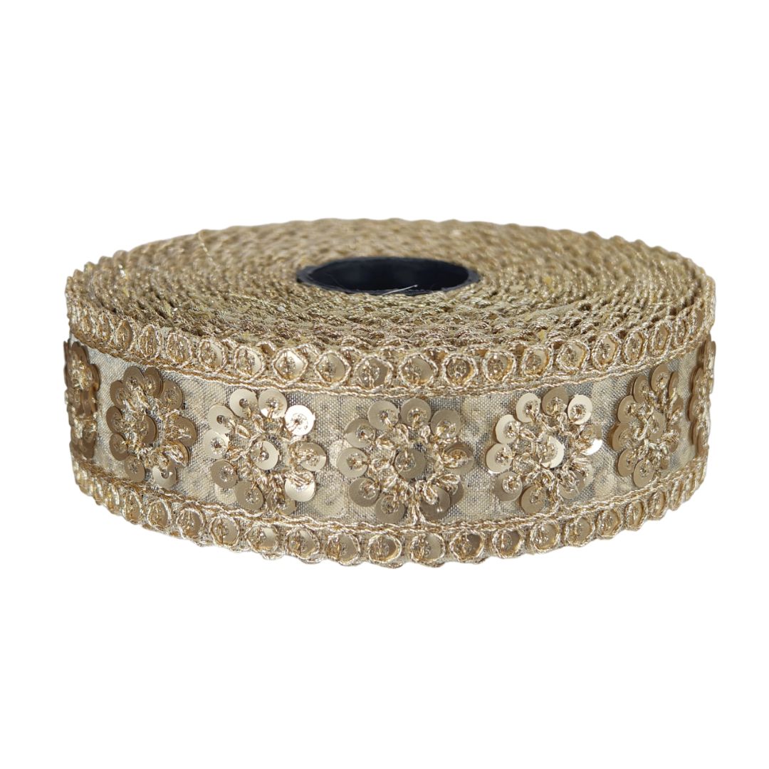 Roll of decorative ribbon with floral patterns on a white background