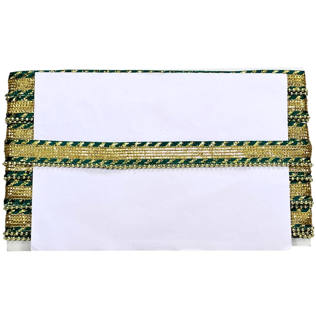 Decorative card holder with green and gold trim on a white background