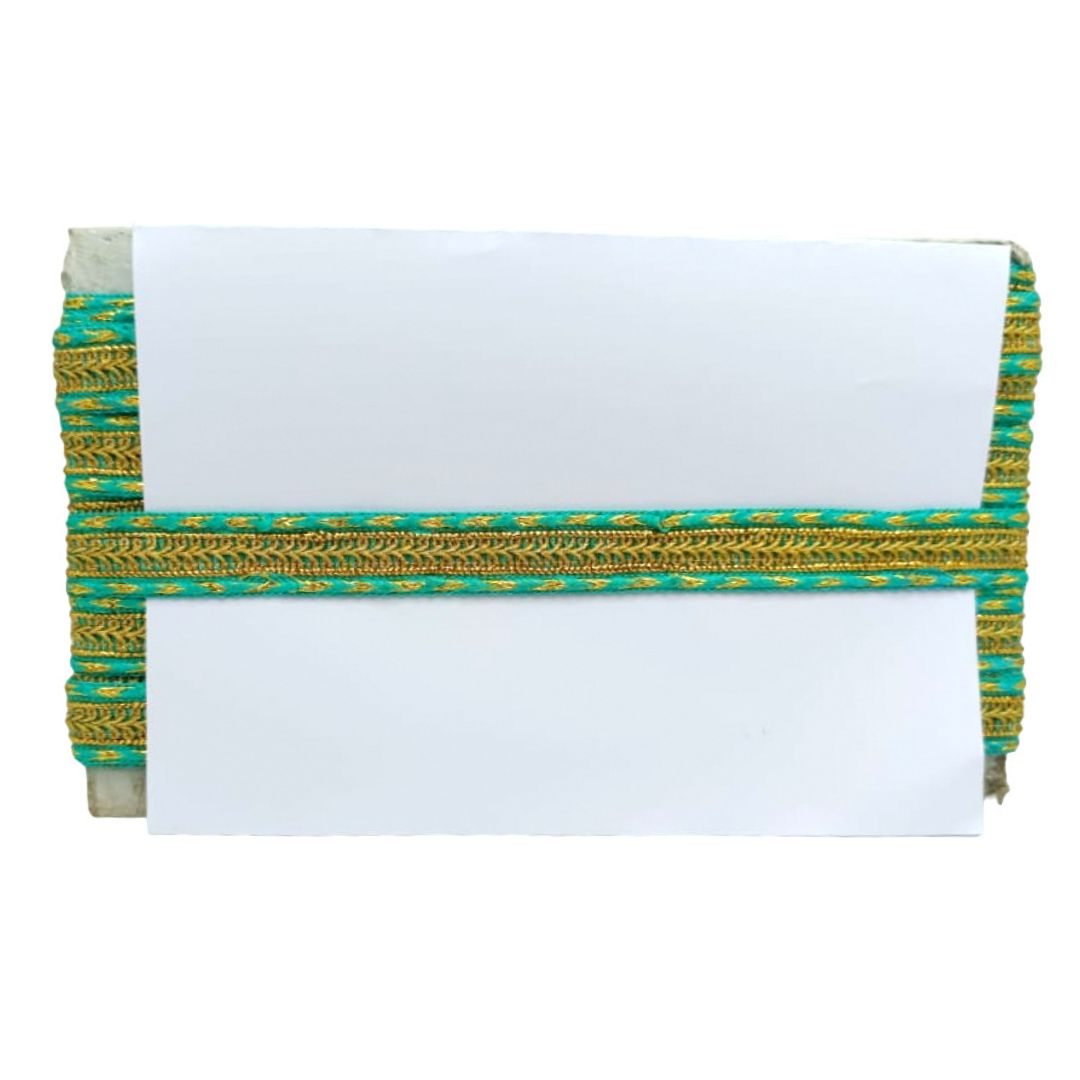 White card with green and gold decorative border on a white background