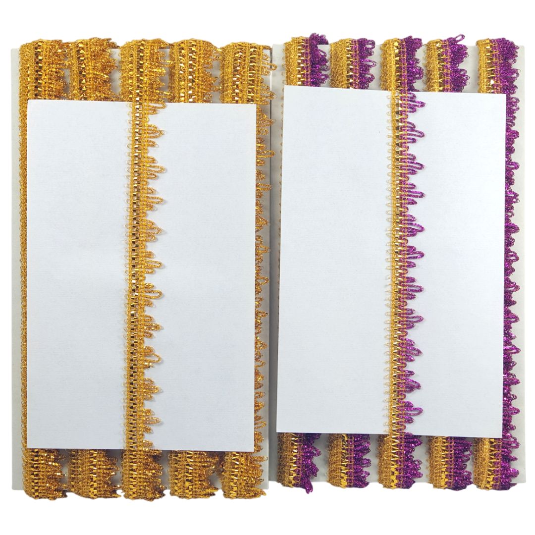 Two white cards with gold and purple decorative borders on a white background