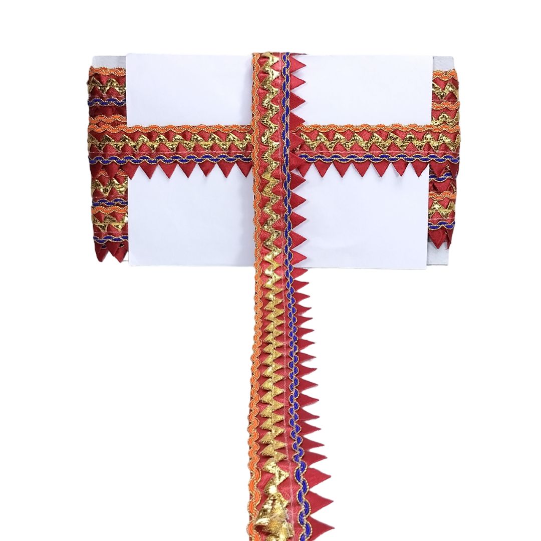 Decorative border with red, gold, and blue patterns on a white background