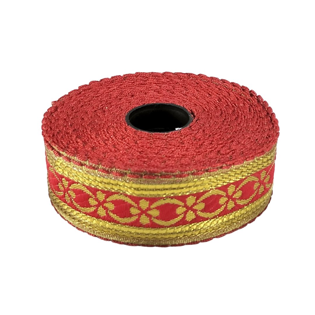 Red and yellow woven ribbon roll on a white background