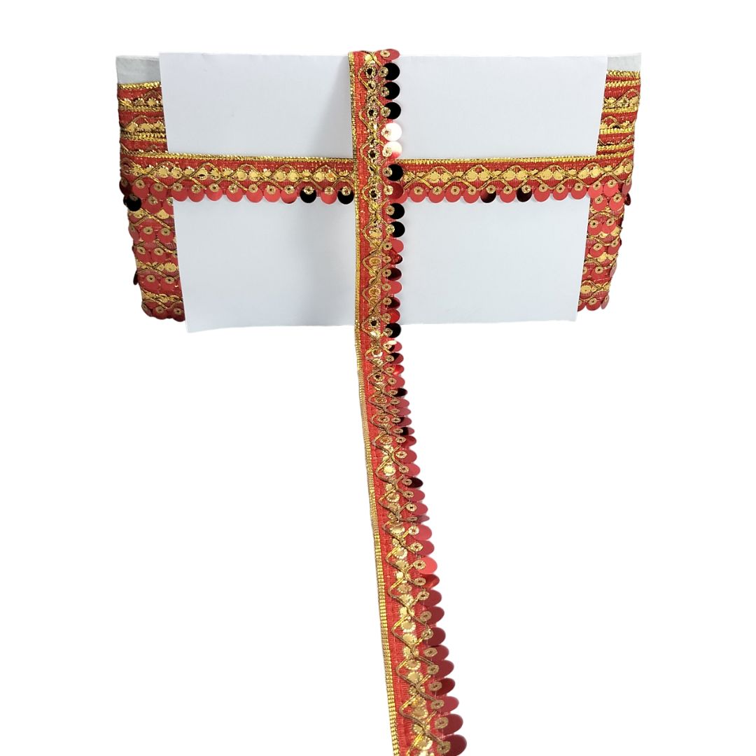 Decorative red and gold border on a white background