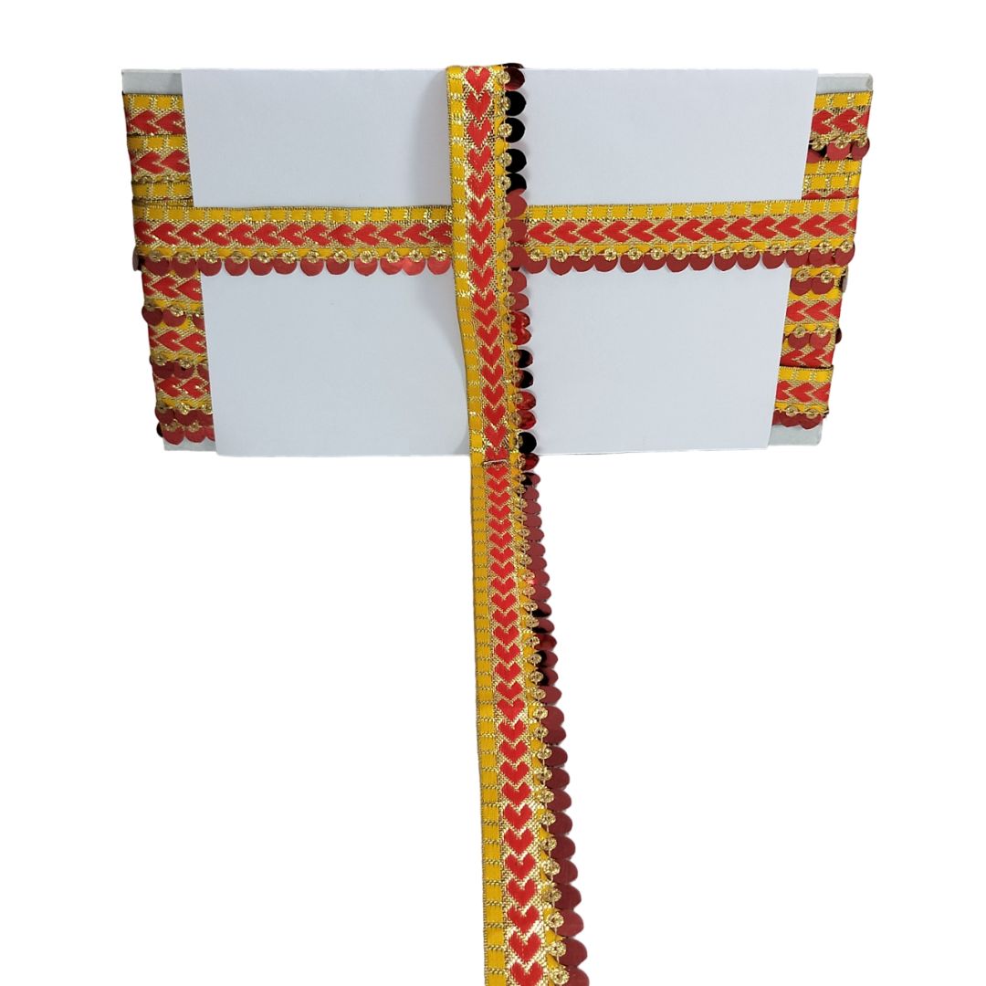 Decorative border with red and yellow patterns on a white background