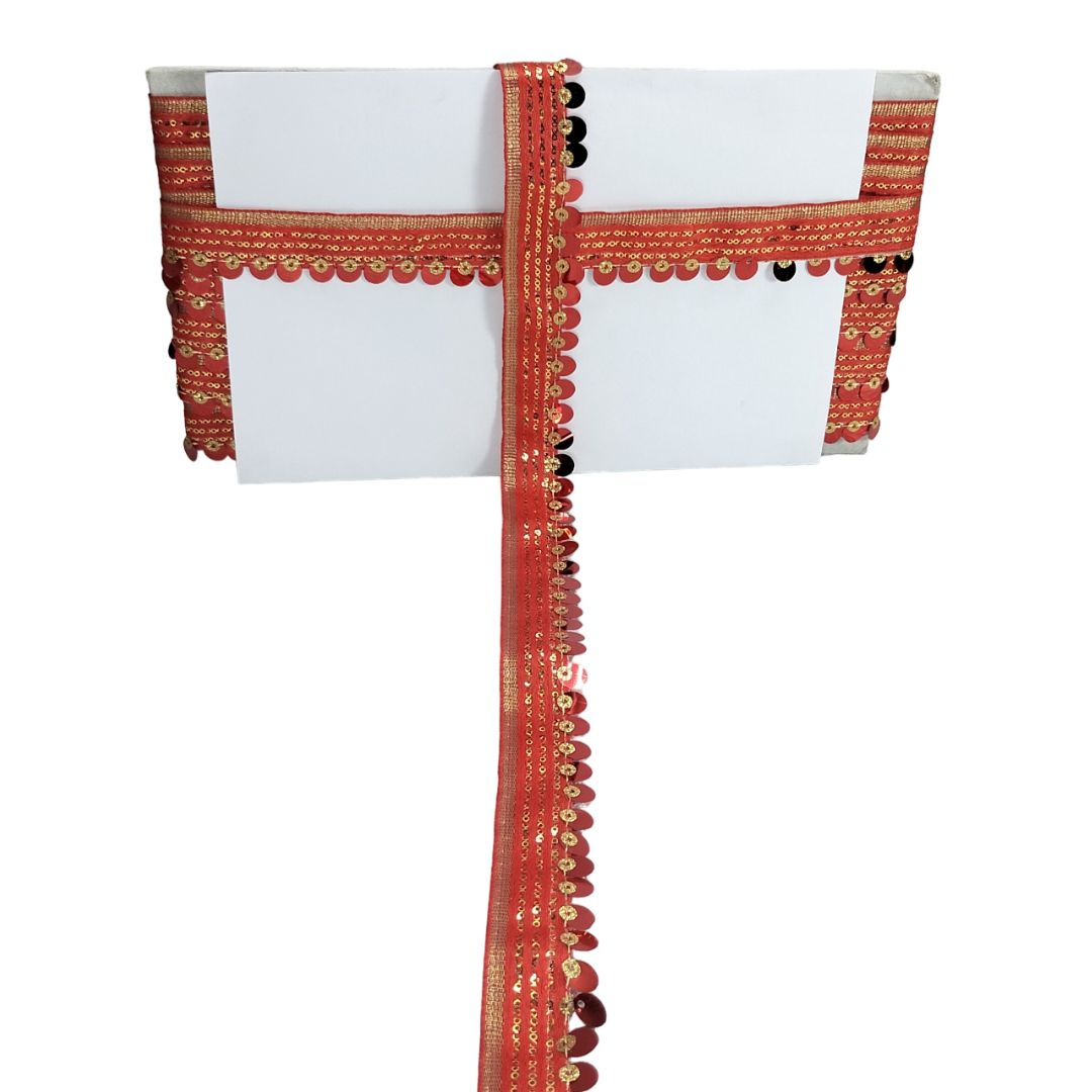 White saree with red and gold border on a white background