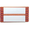 Decorative card holder with colorful braided border on a white background