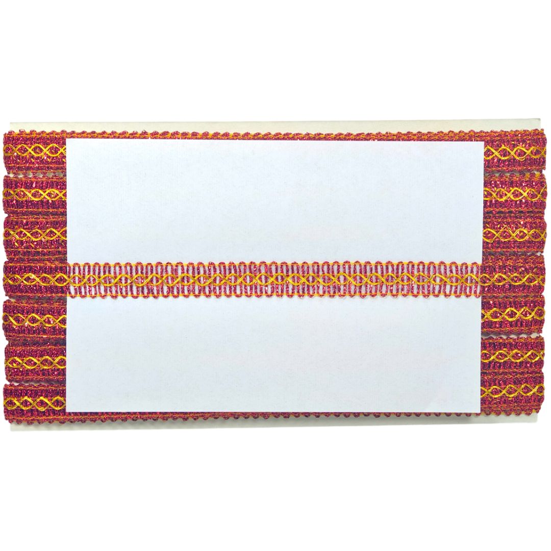Decorative card holder with colorful braided border on a white background