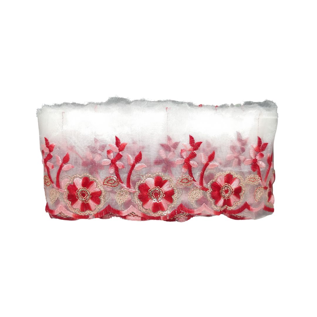 Red Embroidered Organza Lace Border For Gowns Decoration Only At Woven Lace & Border Reatilers and Manufactures In Surat