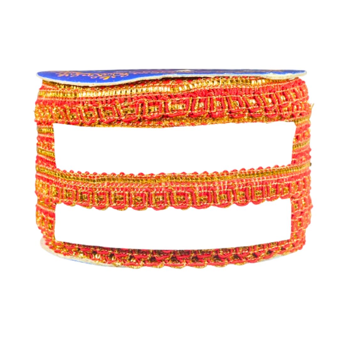 Red and gold beaded bracelet on a white background