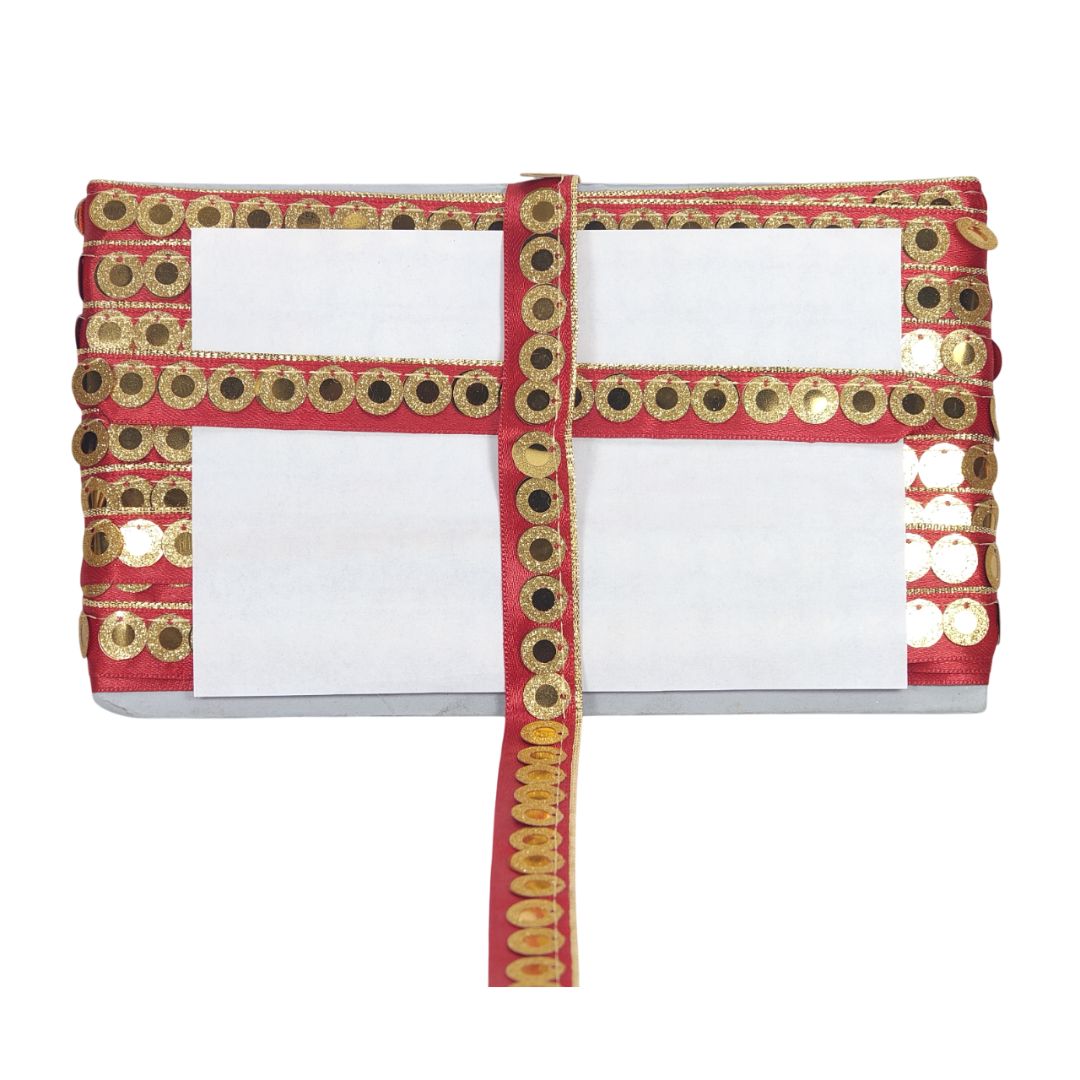 White pouch with red and gold decorative border on a white background