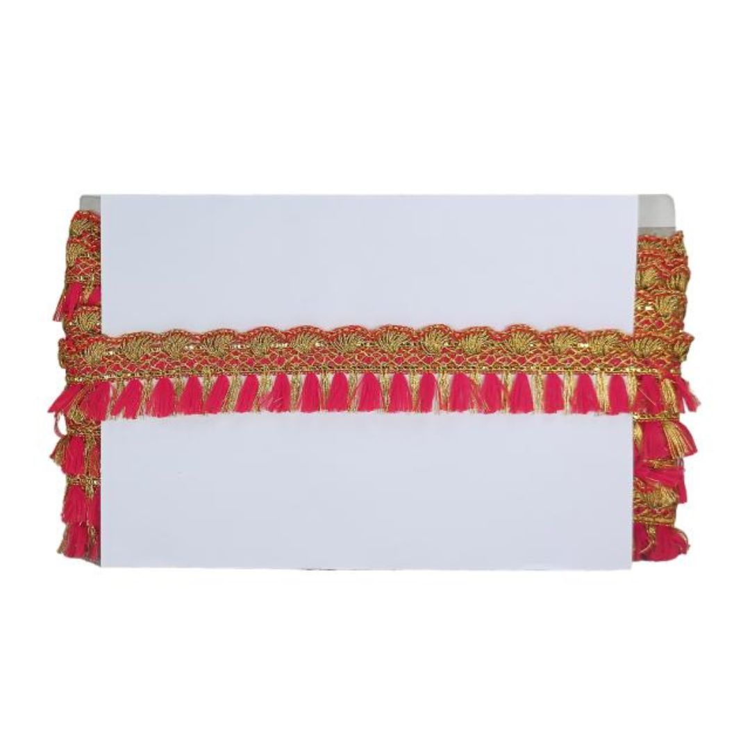 Decorative white board with red and gold fringe on a white background