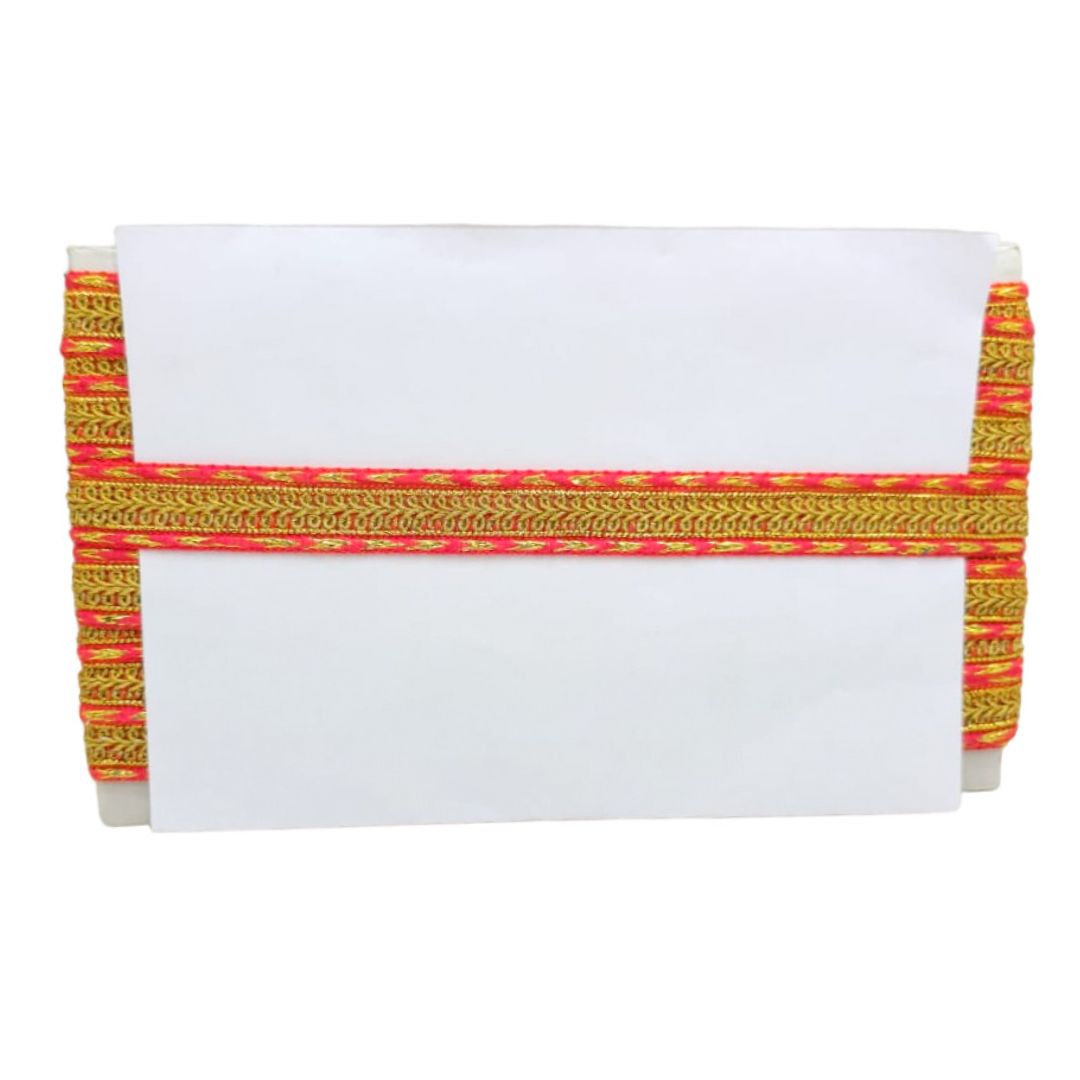 White pouch with colorful striped band on a white background
