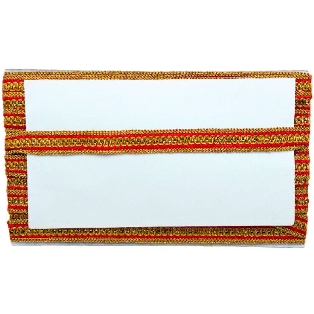 Rectangular white card with red and gold decorative border on a white background