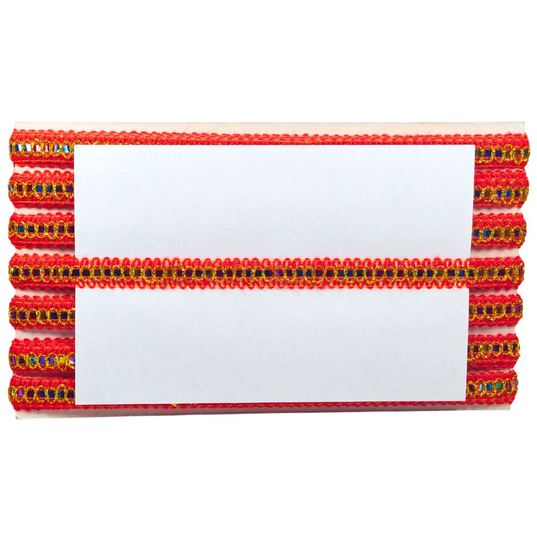 Rectangular clutch with red and gold decorative border on a white background