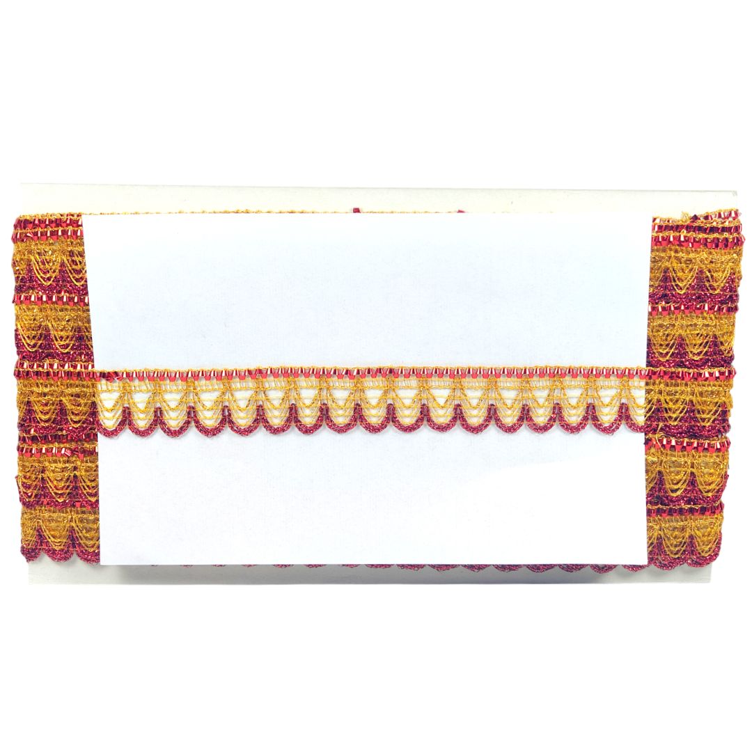 Decorative curtain with pink and yellow pattern on a white background
