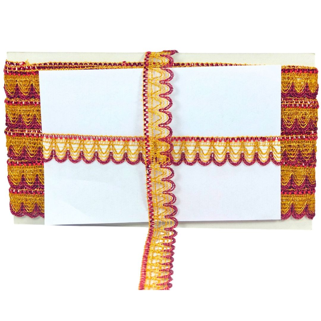 Decorative border with red and gold patterns on a white background