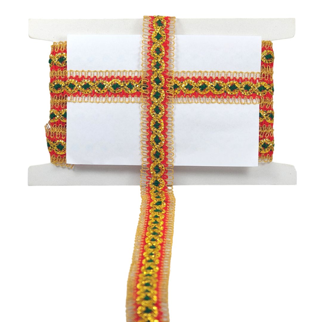 Decorative ribbon with red, green, and gold colors on a white background