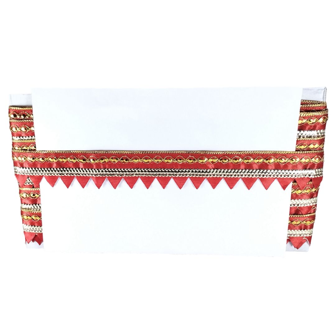 White clutch bag with Red and gold accents on a white background