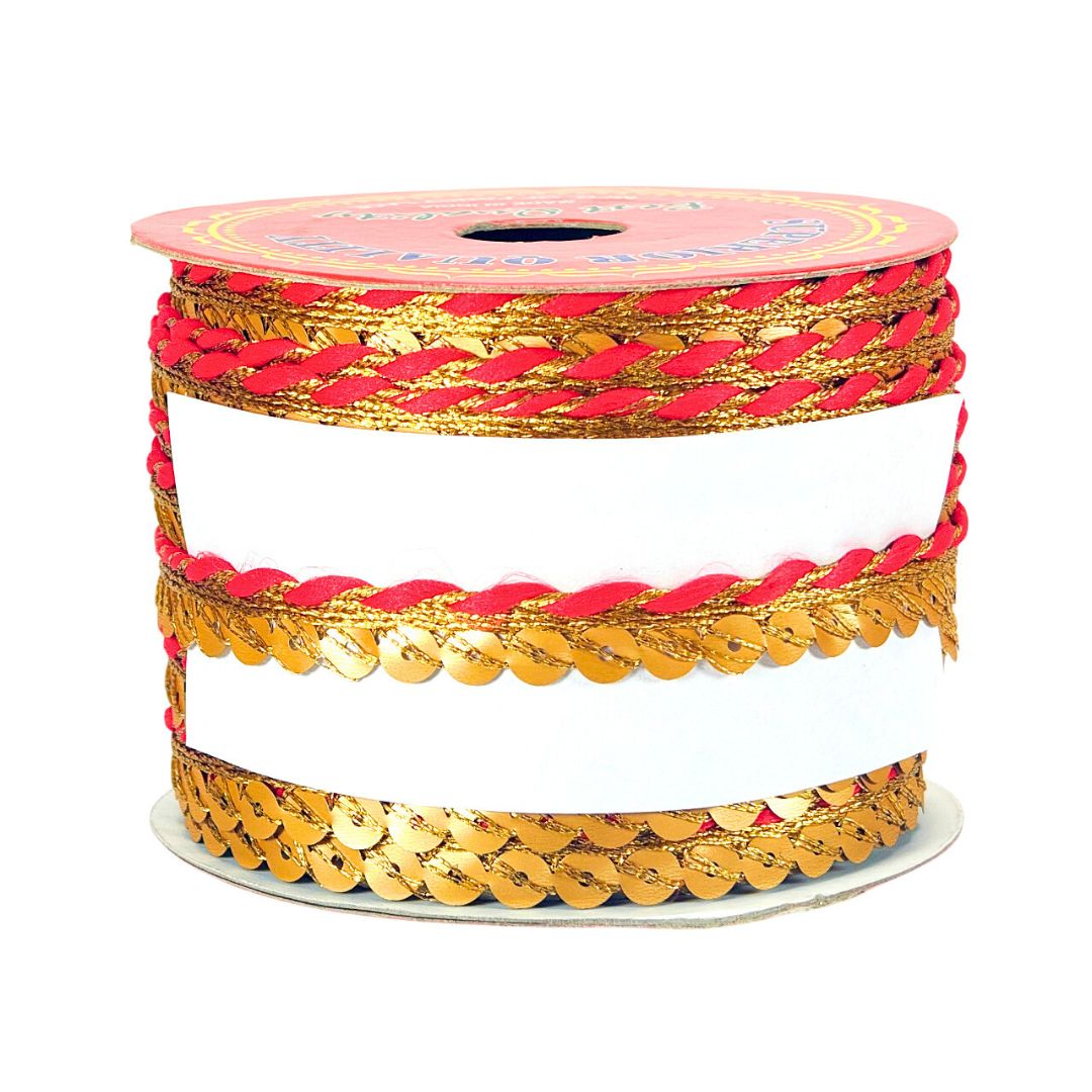 Spool of red and gold ribbon with sequin details on a white background
